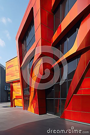 Futuristic Firehouse with Dynamic Angular Form and Flame Motif in Red and Yellow Color Scheme. Stock Photo