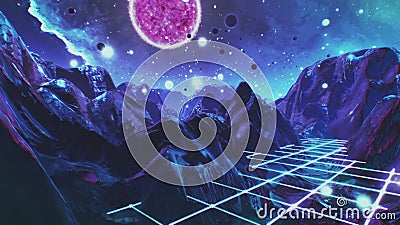 Futuristic flight through trippy dream, landscape seamless loop. High quality VJ Stock Photo