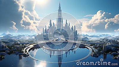 a futuristic floating city above the clouds, with sleek skyscrapers Stock Photo