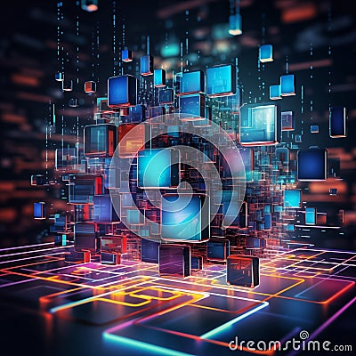 Futuristic floating square screens glowing neon lines connections Stock Photo