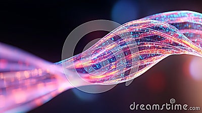Futuristic flowing wave of interconnected multicolored strands visualizing genetic data, digital DNA, and advanced biotechnolog Cartoon Illustration