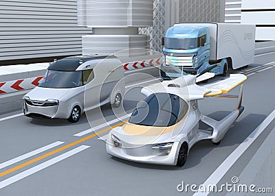 Futuristic flying car driving on the highway Stock Photo
