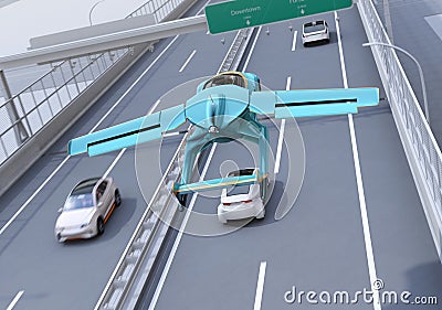 Futuristic flying car flying over the highway Stock Photo