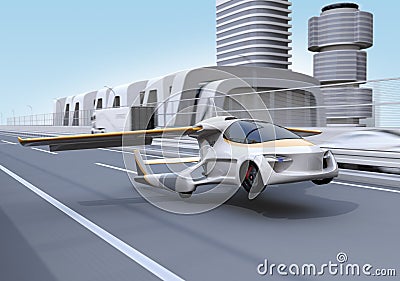 Futuristic flying car takes off from highway Stock Photo