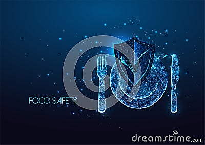 Futuristic food safety concept with glowing isolated cutlery, plate, fork and knife and shield Vector Illustration