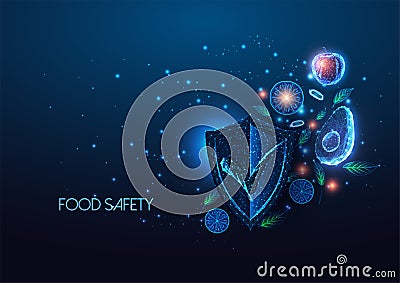 Futuristic food safety control concept with glowing fruits and vegetables and shield approval mark Vector Illustration