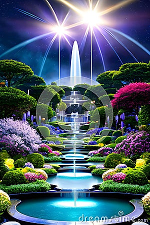 futuristic fountain garden biomorphic cascading on the background of the starry sky extremely detailed generative ai Stock Photo