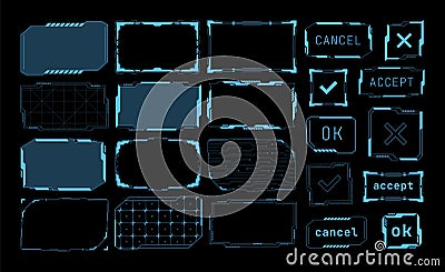 Futuristic frames. Cyberpunk electronic background and futuristic UI buttons. Sci Fi technology interface vector set Vector Illustration