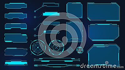 Futuristic frames. Cyberpunk HUD square screen, callout, title and radar. Digital info box and sci fi UI panel. Virtual Vector Illustration