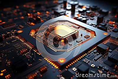 Futuristic future motherboard design with CPU socket, microchips, microprocessors, integrated circuits and connectors for Cartoon Illustration