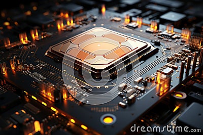 Futuristic future motherboard design with CPU socket, microchips, microprocessors, integrated circuits and connectors for Cartoon Illustration