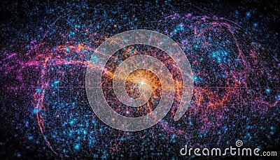 Futuristic galaxy explodes in multi colored chaos, illuminating star field backdrop generated by AI Stock Photo