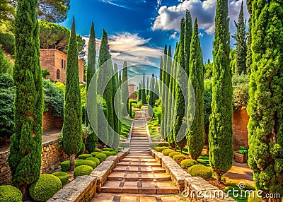 Futuristic Garden of Babylon: Ancient Cypress Trees, Rust-Colored Paths, and Modern Architecture Intertwine Stock Photo