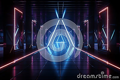 Futuristic geometric abstraction The front door illuminated by fluorescent neon lights Stock Photo