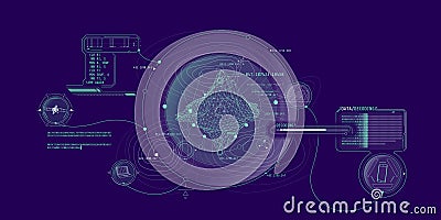 Futuristic geoscience HUD interface design with data decoding. Vector Illustration