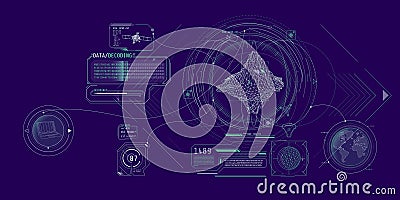 Futuristic geoscience software screen design with data decoding. Vector Illustration