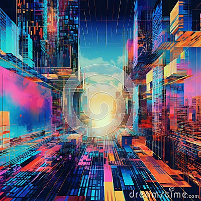 Futuristic Glitchcore Cityscape: A Vibrant Databending Dreamscape Stock Photo