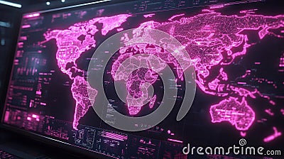 Futuristic global digital map display in high tech command center Stock Photo