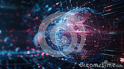 Futuristic globe with illuminated digital graphics and interconnected network technology interface Stock Photo