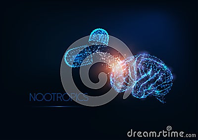 Futuristic gloving low polygonal human brain and medicines capsules on dark blue background. Vector Illustration