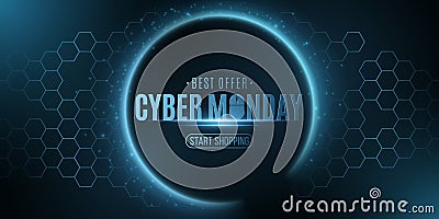 Futuristic glowing banner with hexagon cyber pattern for Cyber Monday sale. Big business event. Flying abstract lights. Trendy hi- Vector Illustration