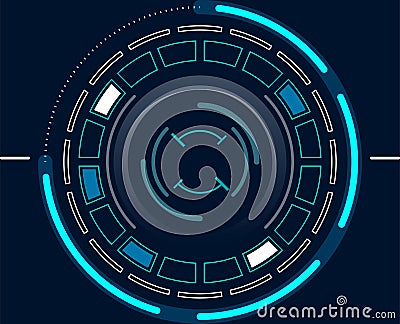 Futuristic glowing blue circular user interface featuring a target symbol and geometric shapes, creating a dynamic Vector Illustration