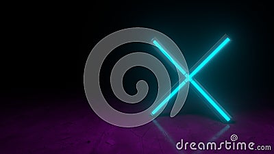 Futuristic glowing blue neon game cross symbol on purple dark background with blurred reflection. 3d render Stock Photo