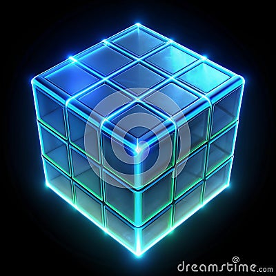 Floating glowing cube with rotating animations Stock Photo