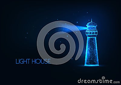 Futuristic glowing lo polygonal lighting house with light beam isolated on dark blue background. Vector Illustration