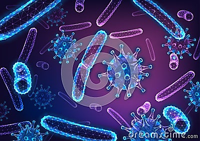 Futuristic glowing low polygonal abstract background with bacilli bacteria and flu virus cells Cartoon Illustration