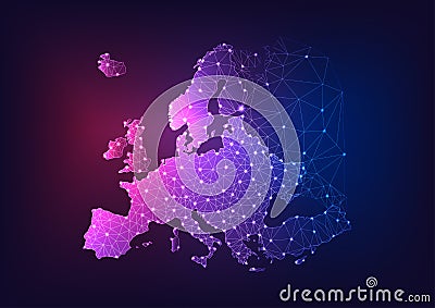 Futuristic glowing low polygonal Europe continent map on dark blue and purple background Cartoon Illustration