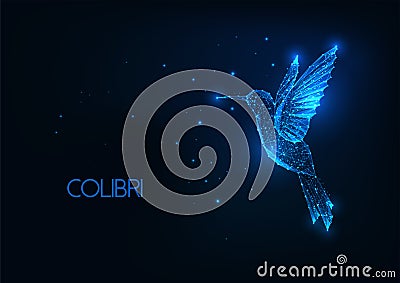 Futuristic glowing low polygonal flying colibri bird on dark blue background Vector Illustration