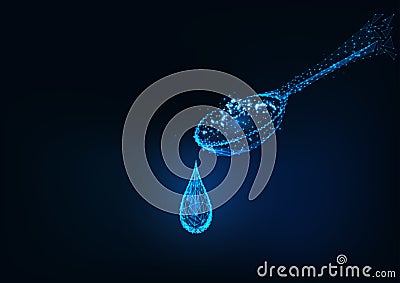 Futuristic glowing low polygonal spoon and liquid medicines drop isolated on dark blue background. Vector Illustration