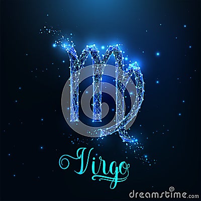 Futuristic glowing low polygonal Virgo zodiac sign concept on dark blue background. Vector Illustration
