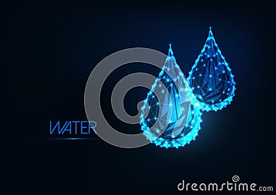 Futuristic glowing low polygonal water drops isolated on dark blue background. Vector Illustration