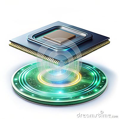 Levitating glowing microchip with rotating data flow Stock Photo