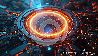 Futuristic glowing portal pulses with energy in intricate tech circuit. High tech marvel. Gateway to unknown. Complex circuit Stock Photo
