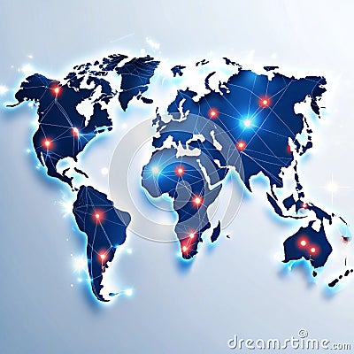 Glowing world map with floating pins and animated routes Stock Photo