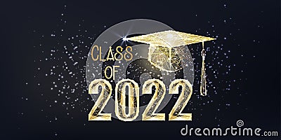 Futuristic graduation class of 2022 banner concept with glowing low polygonal golden graduation cap Vector Illustration