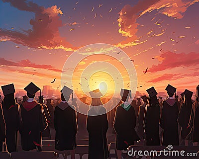 Futuristic Graduation: Silhouette Caps Against Soft Sunset Stock Photo