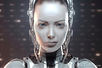 Futuristic graphic showcases a humanoid robot that appears to be a cyborg equipped with artificial intelligence. Stock Photo