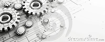 Futuristic Gray Gears and Tech Elements on White Background, Emphasizing Digital Technology and Generative Artificial Intelligence Stock Photo