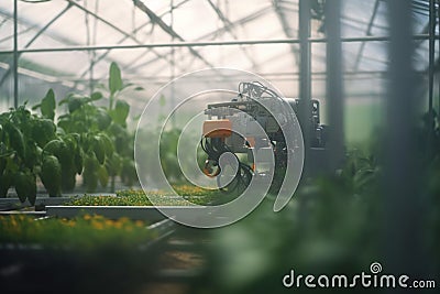 Futuristic Greenhouse Workforce: Robots at Play Stock Photo