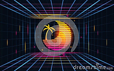 Futuristic grid sunset with coconut tree abstracts.Future theme concept background.vector and illustration Cartoon Illustration