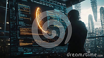Futuristic hacker analyzing data on a digital interface in a high-tech urban environment Stock Photo