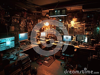 Futuristic hacker den with computers and gadgets Stock Photo