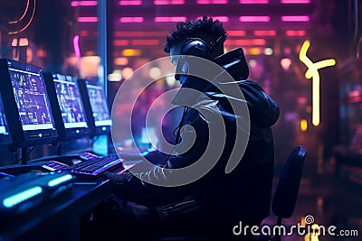 Futuristic hacker, illuminated by the glow of their computer screens. Generative AI Stock Photo