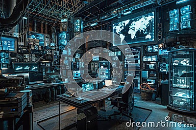 Futuristic Hacker Workstation with Multiple Monitors and World Map Display Stock Photo