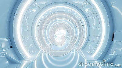 Futuristic hall corridor on spaceship. Light Interior of intergalactic ship. Space travel concept. Generative AI Stock Photo