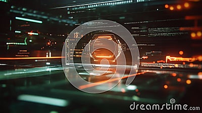 Futuristic head up display showing programming code in virtual reality interface Stock Photo